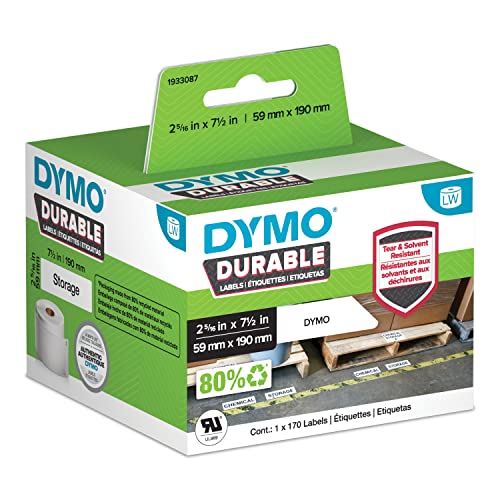 DYMO LW Durable Industrial Labels for LabelWriter Label Printers, White Poly, 2-5/16” x 7-1/2”, Roll of 170 (1933087)