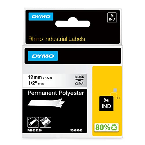 DYMO RhinoPRO Permanent Adhesive Polyester Fabric Thermal Transfer Label Tape, 1/2-inch (12 mm), Black Type on Clear, (622289)