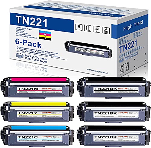 MitoColor High Yield TN221BK TN221C TN221M TN221Y Toner Cartridge Replacement for Brother TN-221 HL3170CDW HL-3170CDW HL3140CW HL3180CDW MFC9130CW MFC9330CDW MFC9340CDW Printer (6 Pack,3BK+1C+1M+1Y)