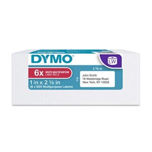 dymo multipurpose labels for labelwriter label printers, 1” x 2 1/8”, white, 500 labels per roll, pack of 6 rolls