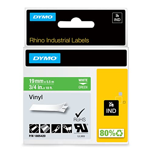 DYMO Industrial Labels for DYMO Industrial Rhino Label Makers, White on Green, 3/4", 1 Roll (1805420), DYMO Authentic