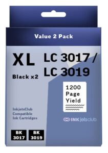 compatible lc 3017 / lc 3019 xl 2 pack high yield black cartridge for brother lc 3017 / lc 3019 printer ink.