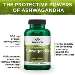 Swanson Ashwagandha Powder Supplement-Ashwagandha Root & Aerial Parts Supplement Promoting Stress Relief & Energy Support-Ayurvedic Supplement for Natural Wellness (100 Capsules, 450mg Each)