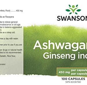 Swanson Ashwagandha Powder Supplement-Ashwagandha Root & Aerial Parts Supplement Promoting Stress Relief & Energy Support-Ayurvedic Supplement for Natural Wellness (100 Capsules, 450mg Each)