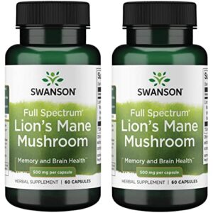 swanson lion’s mane mushroom memory support mental focus brain booster herbal supplement hericium erinaceus (mycelium biomass) 500 mg 60 capsules (2 pack)