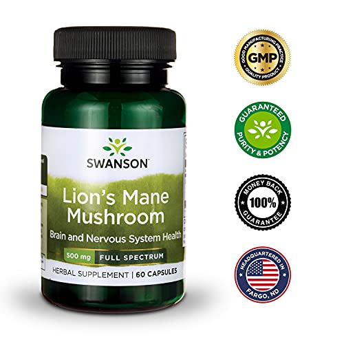 Swanson Lion's Mane Mushroom Memory Support Mental Focus Brain Booster Herbal Supplement Hericium Erinaceus (Mycelium Biomass) 500 mg 60 Capsules (2 Pack)