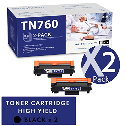 LVELIMIT TN760 Black Toner Cartridge High Yield Replacement for Brother TN-760 TN760 Toner Cartridge Compatible with DCP-L2550DW MFC-L2710DW L2750DW L2750DWXL HL-L2350DW Printer Toner, 2 Pack