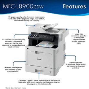 Brother Color MFC-L8900CDW Wireless All-in-One Laser Printer for Home Office - Print Copy Scan Fax - 33 ppm, 2400 x 600 dpi, 5" Touchscreen LCD, Duplex Printing, 70-Sheet ADF, NFC, Ethernet