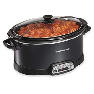 hamilton beach portable 7 quart programmable slow cooker with three temperature settings, lid latch strap for easy travel, dishwasher safe crock, black (33474)