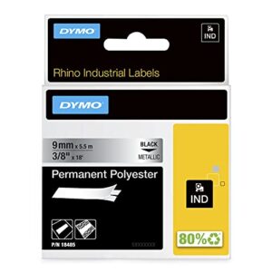 dymo industrial permanent labels for dymo labelwriter and industrial rhinopro label makers, black on metallic, 3/8″, 1 roll (18485), dymo authentic