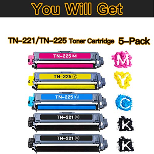 5-Pack (2BK+C+Y+M) Compatible TN-221 TN221 Printer Toner Cartridge TN-225 TN225 TN221/225 Used for Brother MFC-9340CDW 9330CDW 9130CW HL-3170CW 3180CDW DCP-9020CDN, Sold by Etechwork