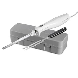 hamilton beach electric knife for carving meats, poultry, bread, crafting foam & more, with reciprocating serrated stainless steel blades, ergonomic design, storage case & fork included, white