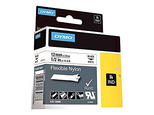 Dymo 18488 Rhino Flexible Nylon Industrial Label Tape, 1/2-Inch X 11 1/2 Ft, White/Black Print