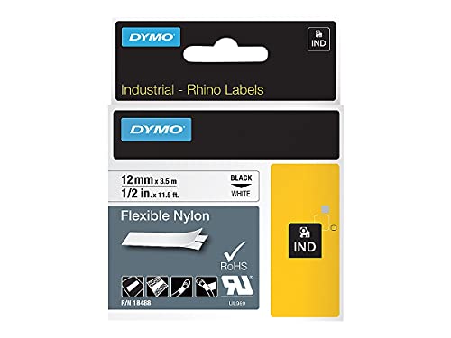 Dymo 18488 Rhino Flexible Nylon Industrial Label Tape, 1/2-Inch X 11 1/2 Ft, White/Black Print