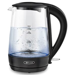 bella 1.7 liter glass electric kettle, quickly boil 7 cups of water in 6-7 minutes, soft blue led lights illuminate while boiling, cordless portable heater, carefree auto shut-off, black