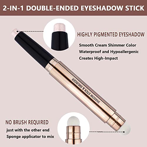 2 in 1 eyeshadow stick and Sponge Makeup Brush, Smooth Cream Shimmer Shadow Pencil Long Lasting Waterproof Eye Shadow Highlighter Stick Makeup, Hypoallergenic Highlighter Multi-Dimensional eyes Look