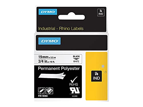 Dymo 18484 Rhino Permanent Poly Industrial Label Tape, 3/4-Inch X 18 Ft, White/Black Print