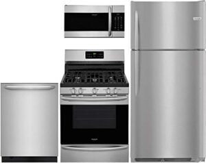 frigidaire 4 piece kitchen appliance package with fgtr1837tf 30 top freezer refrigerator fggf3036tf 30 gas range fgmv176ntf 30 over the range microwave and fgid2476sf 24 built in fully integrated dishwasher in stainless steel