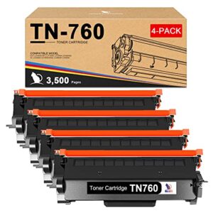 tn760 high yield toner cartridge: 4 pack black compatible brother tn-760 tn 760 ink replacement for dcp-l2550dw hll2395dw mfcl2710dw mfc-l2750dw printer [3,500 pages/cartridge]