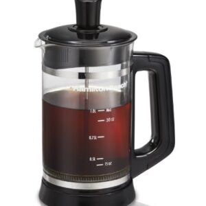 Hamilton Beach French Press with Frothing Attachment for Coffee, Hot Chocolate or Tea, 1 Liter, Glass (40400R)