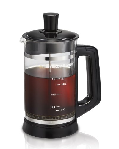 Hamilton Beach French Press with Frothing Attachment for Coffee, Hot Chocolate or Tea, 1 Liter, Glass (40400R)