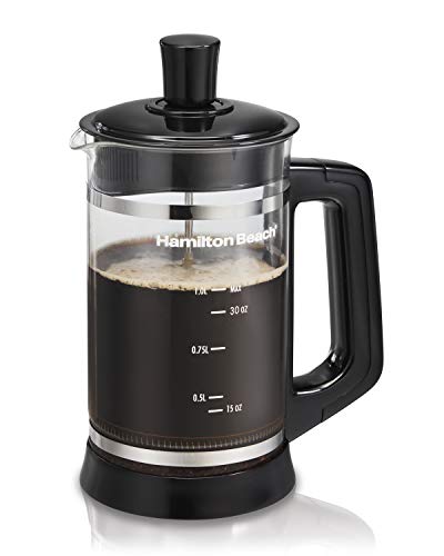 Hamilton Beach French Press with Frothing Attachment for Coffee, Hot Chocolate or Tea, 1 Liter, Glass (40400R)