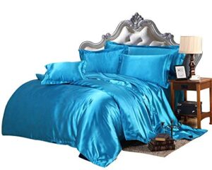cotton home depot satin 9 pcs comforter set(comforter + duvet cover + flat sheet + fitted sheet 21″ deep pocket + bedskirt + 4 pillow cases ) bedding set turquoise blue,california king