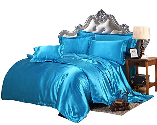 Cotton Home Depot Satin 9 PCS Comforter Set(Comforter + Duvet Cover + Flat Sheet + Fitted Sheet 21" Deep Pocket + Bedskirt + 4 Pillow Cases ) Bedding Set Turquoise Blue,California King