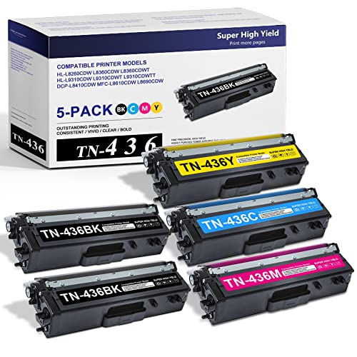 DRAWN TN-436 TN436 Toner Cartridges Compatible TN436BK/C/M/Y TN436 Super High Yield Toner Replacement for Brother HL-L8360CDW HL-L8260CDW MFC-L8900DW L8610CDW Printer,(5Pack,2BK/1C/1M/1Y)