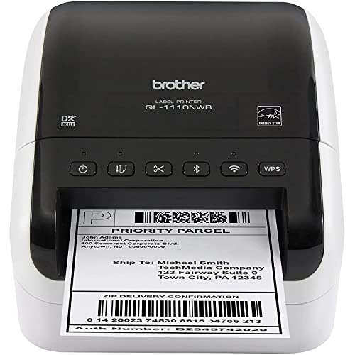 Brother QL-1110NWB Wide Format Thermal Wireless Monochrome Postage and Barcode Professional Label Printer - USB, Ethernet, Bluetooth Connectivity, 4" Wide, 300 x 300 dpi, 69 Labels Per Minute