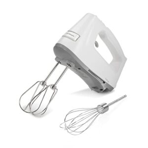 hamilton beach electric hand mixer with dc motor & 3 speeds, wire beaters, whisk, swivel cord and bowl rest white (62661)