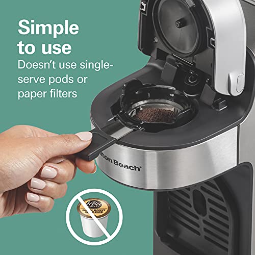 Hamilton Beach The Scoop Single Serve Coffee Maker & Fast Grounds Brewer for 8-14oz. Cups, Brews in Minutes, 40oz. Removable Reservoir, Stainless Steel (49987)