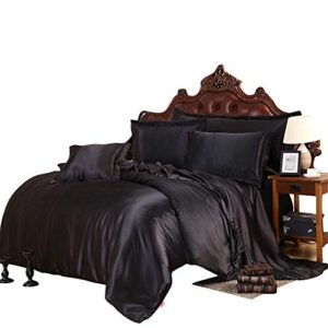 ultra soft silk like satin 8 piece comforter set ( comforter + duvet cover + flat sheet + fitted sheet 15″ deep pocket + 4 pillow cases ) bedding set black , king