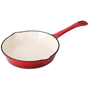 hamilton beach enameled cast iron fry pan 8-inch red, cream enamel coating, skillet pan for stove top and oven, even heat distribution, safe up to 400 degrees, smooth and durable