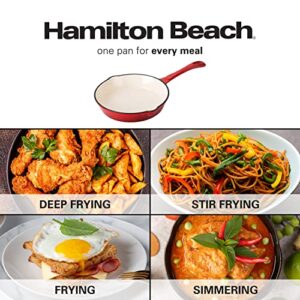 Hamilton Beach Enameled Cast Iron Fry Pan 8-Inch Red, Cream Enamel coating, Skillet Pan For Stove top and Oven, Even Heat Distribution, Safe Up to 400 Degrees, Smooth and Durable