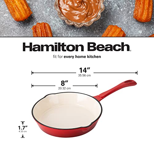 Hamilton Beach Enameled Cast Iron Fry Pan 8-Inch Red, Cream Enamel coating, Skillet Pan For Stove top and Oven, Even Heat Distribution, Safe Up to 400 Degrees, Smooth and Durable