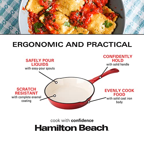 Hamilton Beach Enameled Cast Iron Fry Pan 8-Inch Red, Cream Enamel coating, Skillet Pan For Stove top and Oven, Even Heat Distribution, Safe Up to 400 Degrees, Smooth and Durable