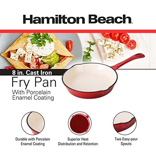 Hamilton Beach Enameled Cast Iron Fry Pan 8-Inch Red, Cream Enamel coating, Skillet Pan For Stove top and Oven, Even Heat Distribution, Safe Up to 400 Degrees, Smooth and Durable