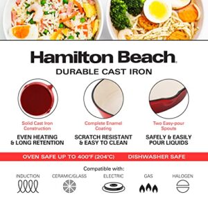 Hamilton Beach Enameled Cast Iron Fry Pan 8-Inch Red, Cream Enamel coating, Skillet Pan For Stove top and Oven, Even Heat Distribution, Safe Up to 400 Degrees, Smooth and Durable