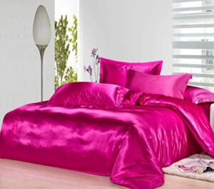 cotton home depot luxury 6-piece satin lightweight solid duvet cover set comforter set ( duvet cover + comforter + 4 pillow cases ) hotel quality bedding set hot pink king