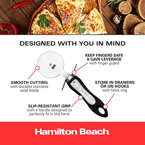 Hamilton Beach Pizza Cutter 8in soft touch handle, Premium Stainless Steel Pizza Slicer, Easy to Clean & Cut Pizza Wheel - Super Sharp, Non-Slip Handle & Dishwasher Friendly ? Black