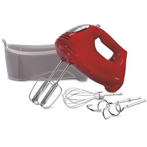 hamilton beach 6-speed electric hand mixer with whisk, traditional beaters, snap-on storage case, dough hooks, red