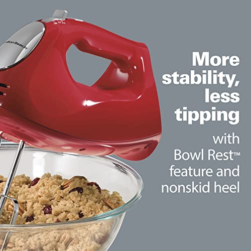 Hamilton Beach 6-Speed Electric Hand Mixer with Whisk, Traditional Beaters, Snap-On Storage Case, Dough Hooks, Red