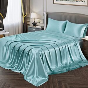 cotton home depot california king size soft satin silk bed sheets aqua satin silk sheet set, 12″ deep pocket fitted sheet + 1 flat sheet + 2 pillowcases