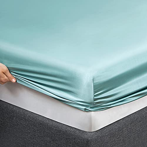 Cotton Home Depot California King Size Soft Satin Silk Bed Sheets Aqua Satin Silk Sheet Set, 12" Deep Pocket Fitted Sheet + 1 Flat Sheet + 2 Pillowcases