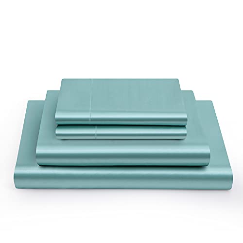 Cotton Home Depot California King Size Soft Satin Silk Bed Sheets Aqua Satin Silk Sheet Set, 12" Deep Pocket Fitted Sheet + 1 Flat Sheet + 2 Pillowcases