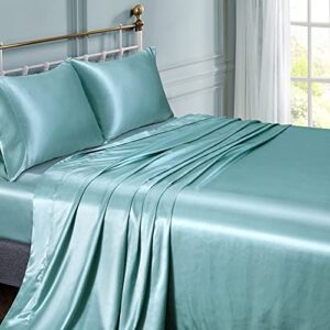 Cotton Home Depot California King Size Soft Satin Silk Bed Sheets Aqua Satin Silk Sheet Set, 12" Deep Pocket Fitted Sheet + 1 Flat Sheet + 2 Pillowcases