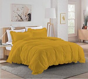 duvet cover set-1 frilled duvet cover with ruffle edge corners and 2 pillowcases-mustard yellow,california king 100% cotton 800 thread count-3 pcs comforter/duvet protective cover set-duvet set