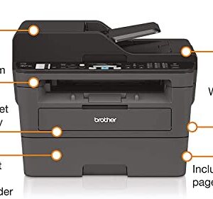 Brother MFC-L2710DW Wireless Compact Monochrome All-in-One Laser Printer, Auto 2-Sided Printing, 32ppm, 250-sheet, 2400 x 600 dpi, Works with Alexa, Black & Grey - Bundle with JAWFOAL Printer Cable.