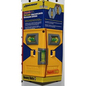 Swanson Tool Co PL001M Magnetic Composite Post Level, Yellow, Includes Elastic Loop for Hands-Free Work and 3 Vials for Easy Plumb and Level Reads